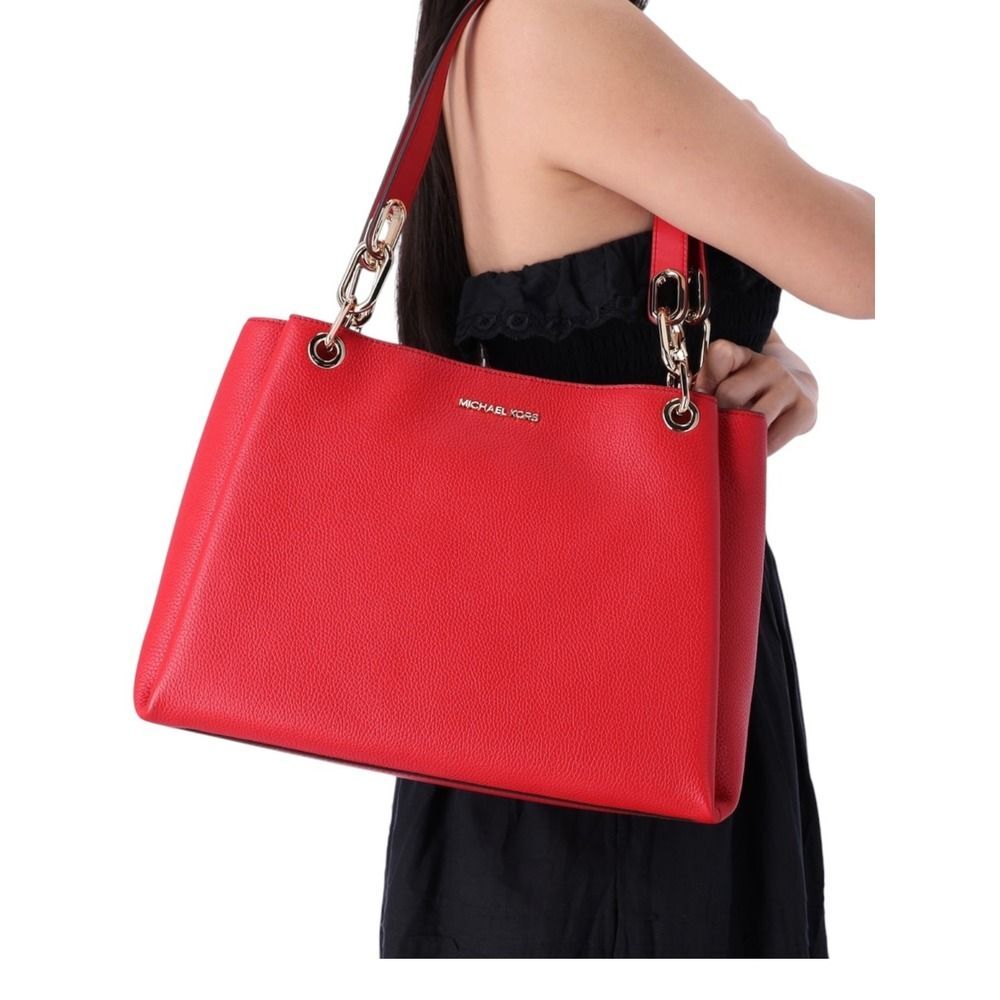 Michael Kors Trisha Tote Bag Cherry Red Pebbled Leather Gold Logo Chain Shoulder